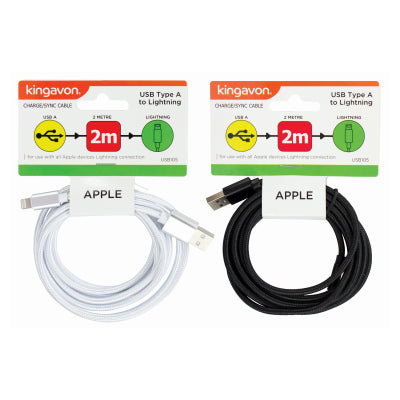 Kingavon 2m USB-A to Lightning Cable BB-USB105 – Fast Charge & Data Transfer – Black or White
