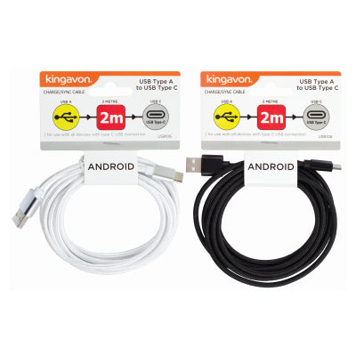 Kingavon 2m USB-A to USB-C Cable BB-USB106 – Fast Charge & Data Transfer – Black or White
