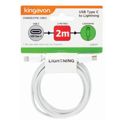 Kingavon 2m USB-C to Lightning Cable White BB-USB107 – Fast Charge & Data Transfer Cable