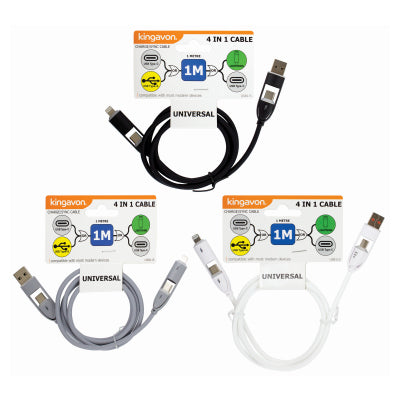 Kingavon 1m 4-in-1 Charging & Data Cable BB-USB115 – USB-A, Lightning & Dual USB-C