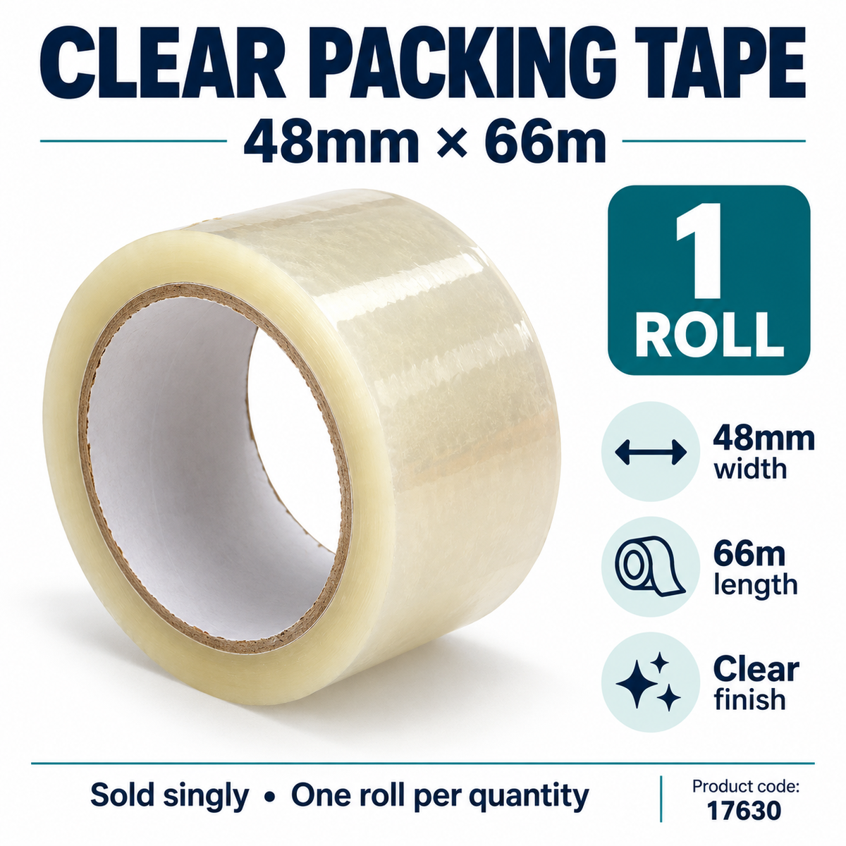 Clear packing tape 48mm x 66m, sold as one roll