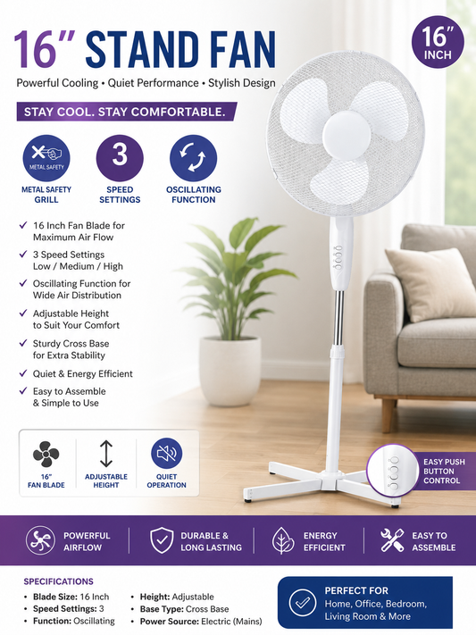 16" Stand Fan, Cooling, 3 Speed Settings, Oscillating Function