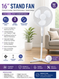 16" Stand Fan, Cooling, 3 Speed Settings, Oscillating Function