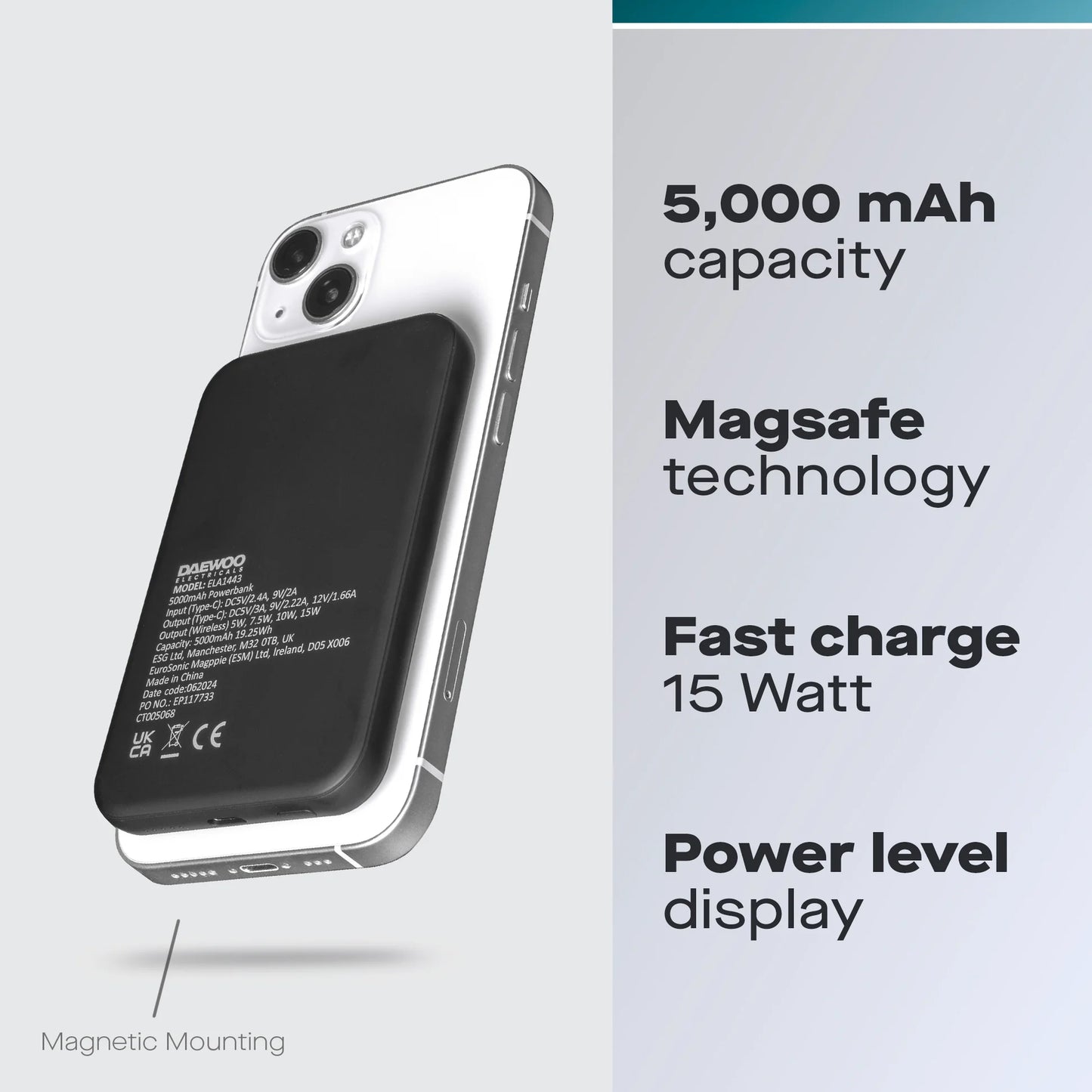 Daewoo 5000mAh MagSafe Wireless Power Bank ELA1443GE – Compact Qi Charger