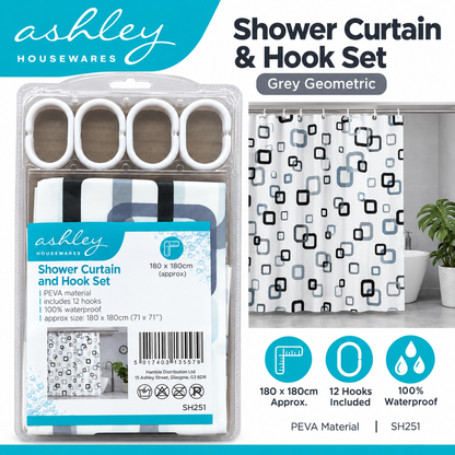 Ashley Shower Curtain and Hook Set SH251 Navy & Gold Coastal