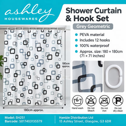 Ashley Shower Curtain and Hook Set SH251 Navy & Gold Coastal