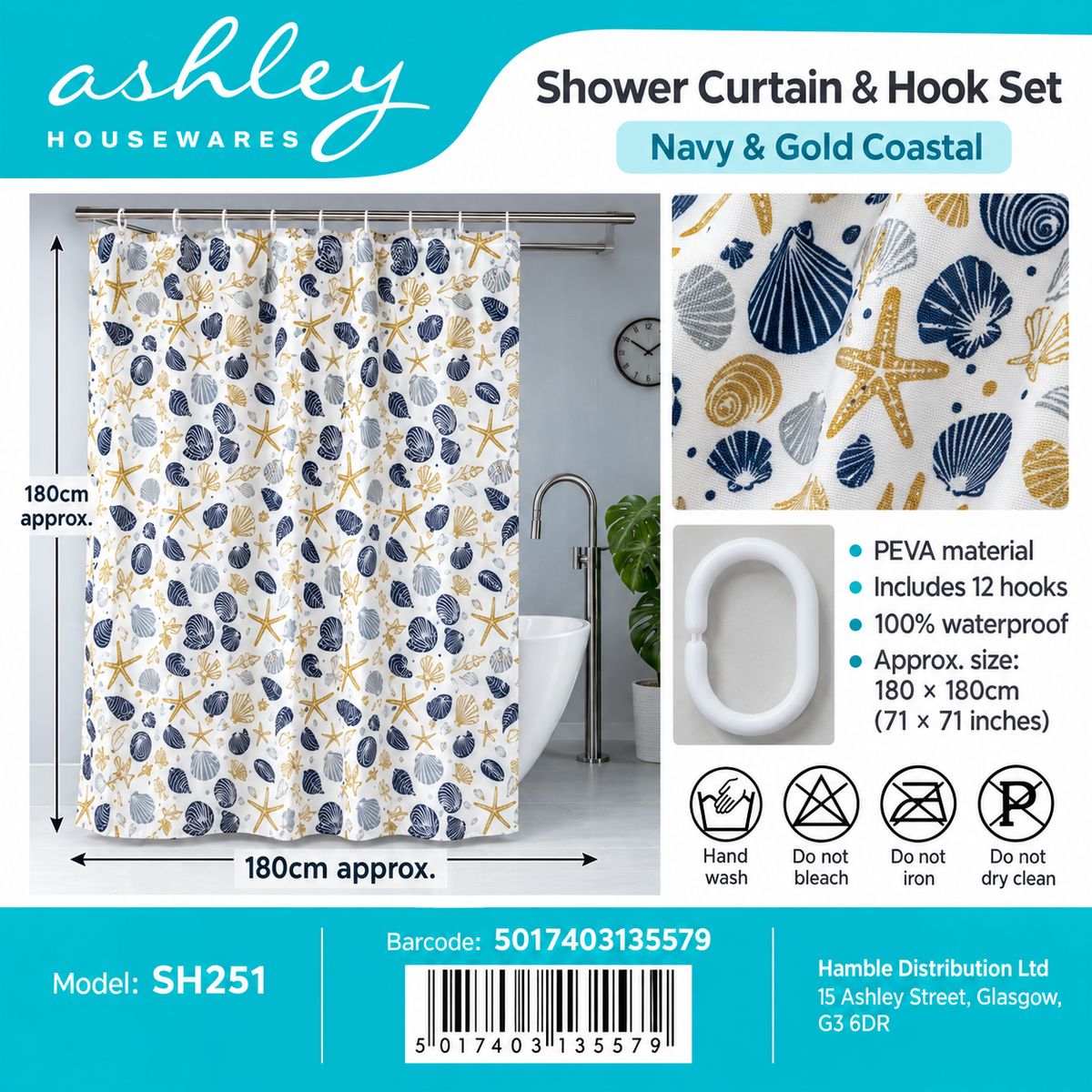 Ashley Shower Curtain and Hook Set SH251 Navy & Gold Coastal