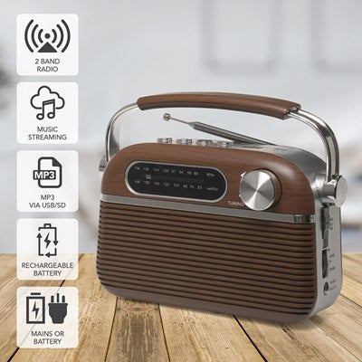 Lloytron 2 Band 'Vintage' Rechargeable Portable Radio + MusicStream - DARK OAK