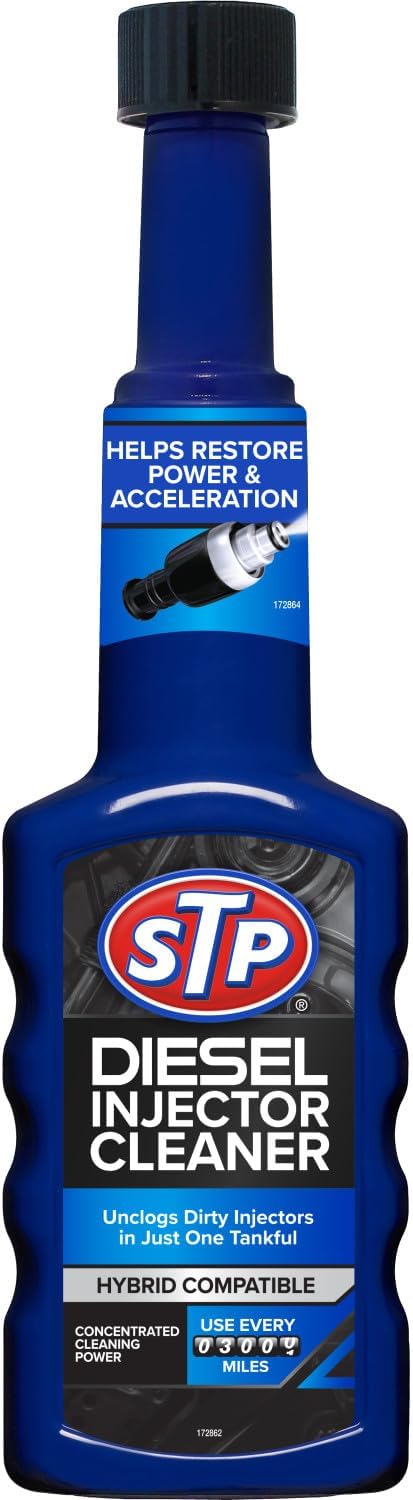 A blue bottle of STP Diesel Injector Cleaner with a black cap, featuring the STP logo and product text on the front label.