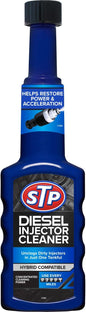 A blue bottle of STP Diesel Injector Cleaner with a black cap, featuring the STP logo and product text on the front label.