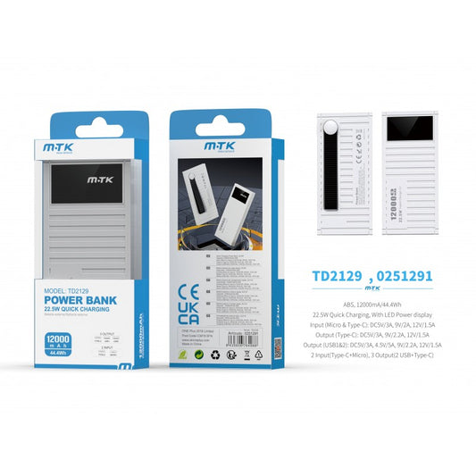 M.T.K Power Bank 12000mAh, Quick Charging 22.5w, With Digital Display