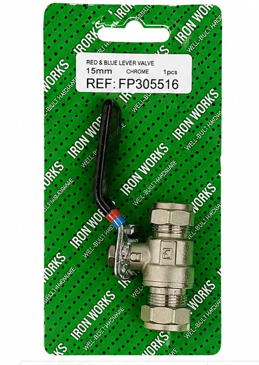 Iron Works 15mm Red & Blue Lever Valve – Chrome Compression Isolation Valve FP305516