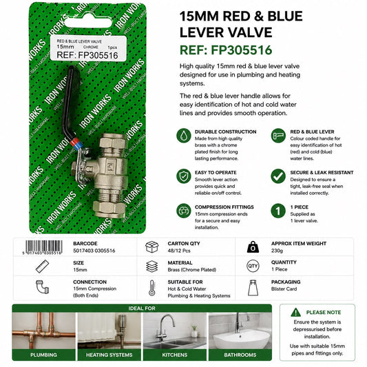 Iron Works 15mm Red & Blue Lever Valve – Chrome Compression Isolation Valve FP305516