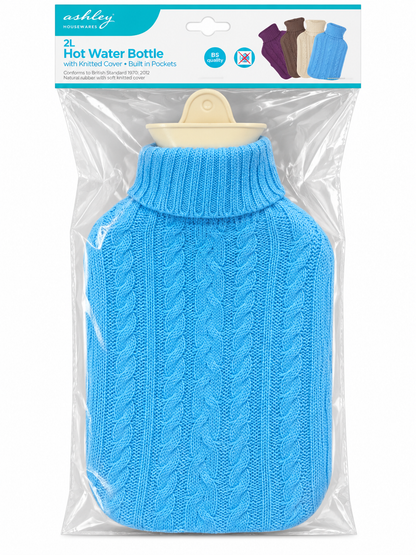 Ashley Hot Water Bottle with Knitted Cover 2L Four Colours To Choose From