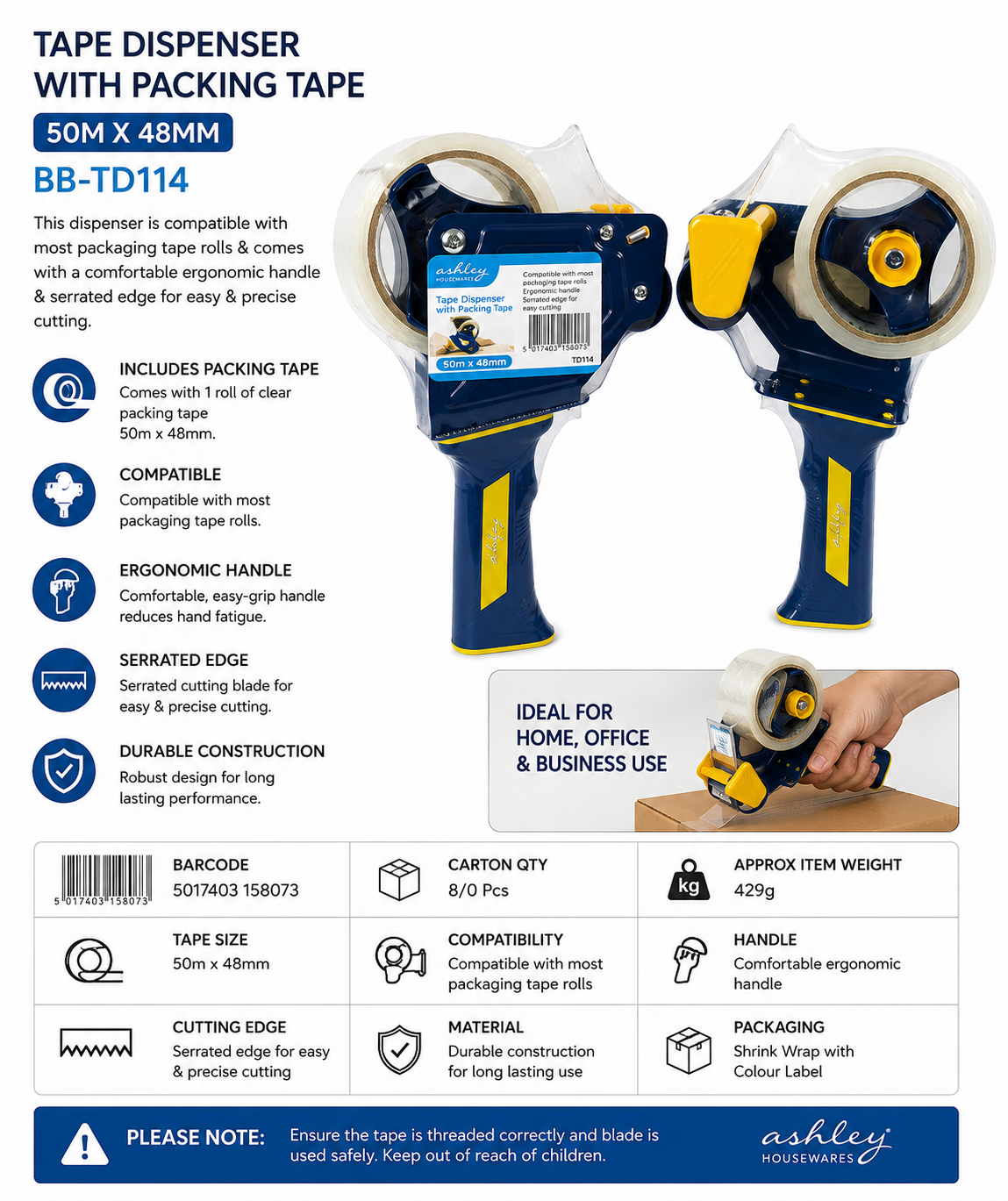 Ashley Tape Dispenser with Packing Tape 50m x 48mm – Handheld Packaging Tape Gun