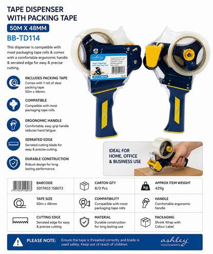 Ashley Tape Dispenser with Packing Tape 50m x 48mm – Handheld Packaging Tape Gun