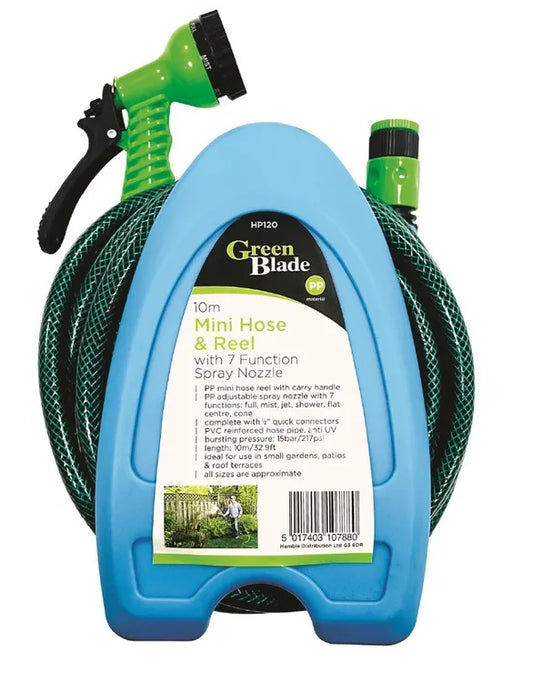 Green Blade 10m Mini Hose And Reel With 7 Function Spray Nozzle