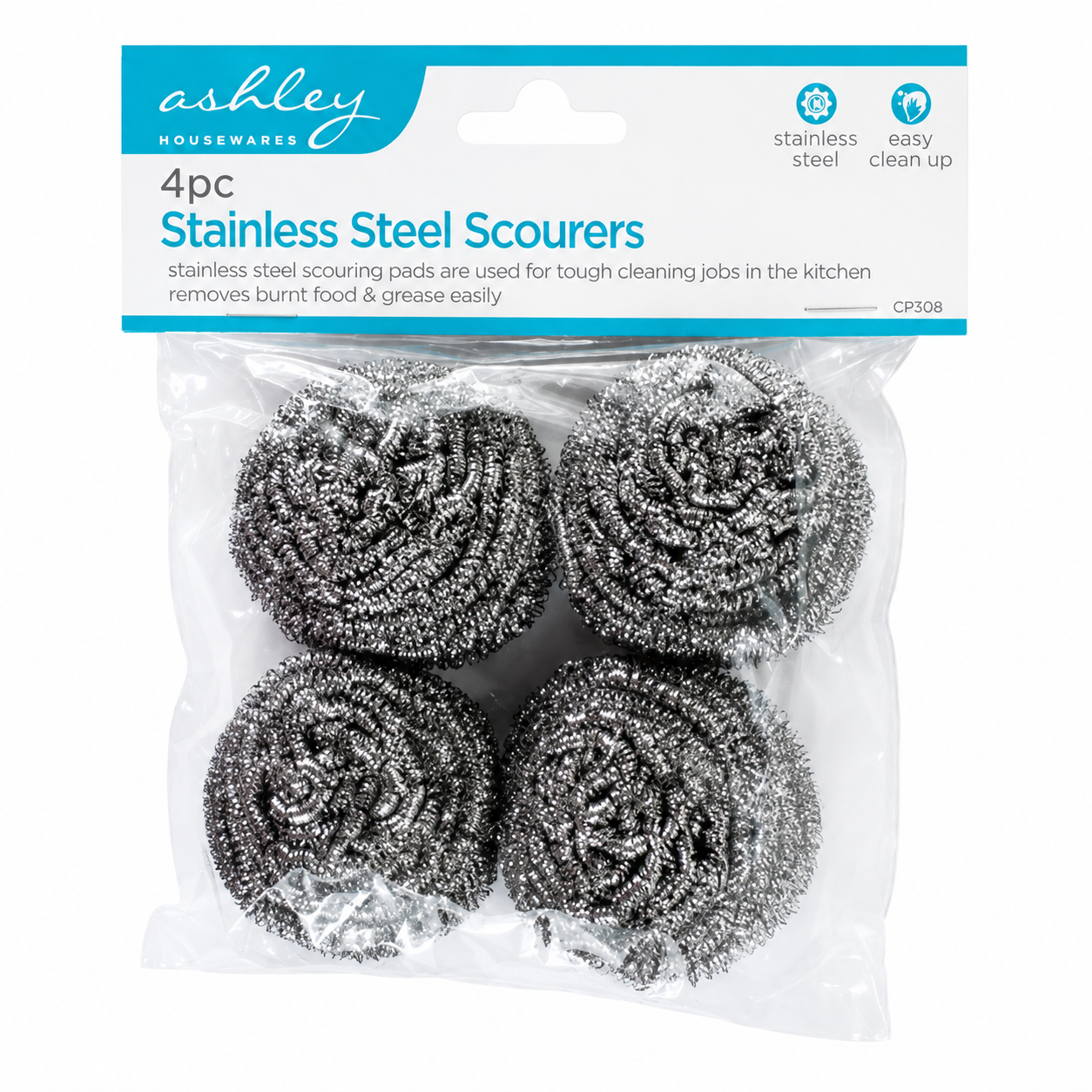 Ashley 4PC Stainless Steel Scourers BB-CP308 – Heavy Duty Kitchen Cleaning Pads