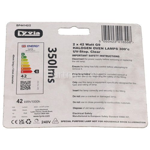 Lyvia G9 Halogen Oven Bulbs 42W 350lm 2700K – 300°C Heat Resistant – Pack of 2