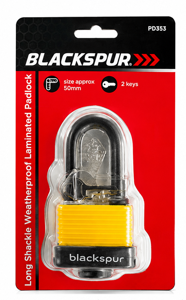 Blackspur 50mm Long Shackle Weatherproof Laminated Steel Padlock