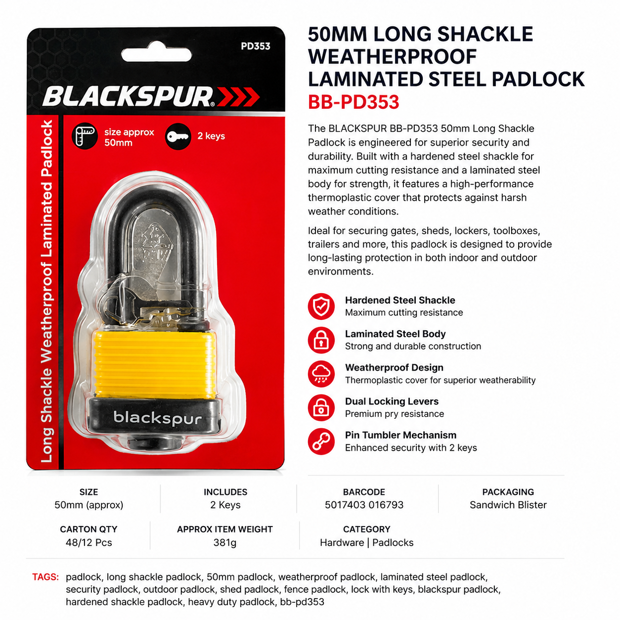 Blackspur 50mm Long Shackle Weatherproof Laminated Steel Padlock