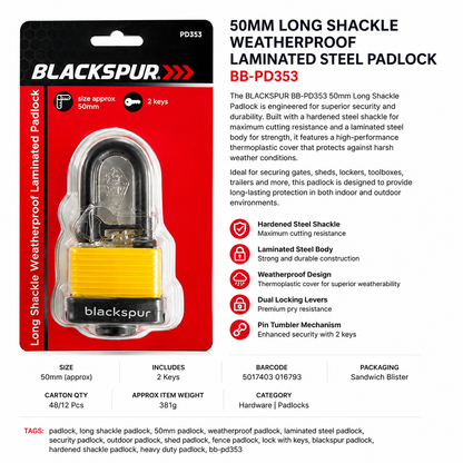 Blackspur 50mm Long Shackle Weatherproof Laminated Steel Padlock