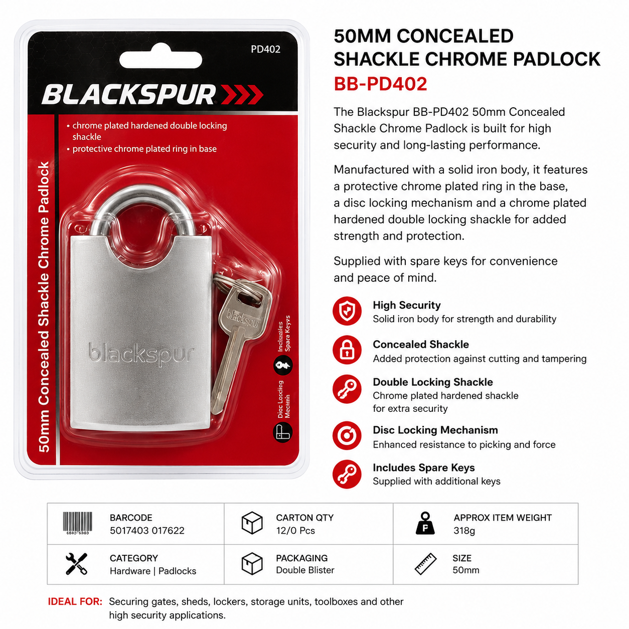 Blackspur 50mm Concealed Shackle Chrome Padlock  – High Security Padlock