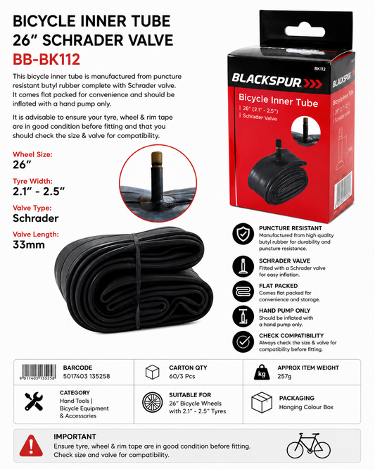 Blackspur Bicycle Inner Tube 26" x 2.1"-2.5" Schrader Valve