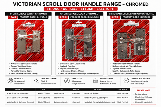 Iron Works Victorian Scroll Chrome Door Handles – Latch, Lock & Bathroom Handle Sets