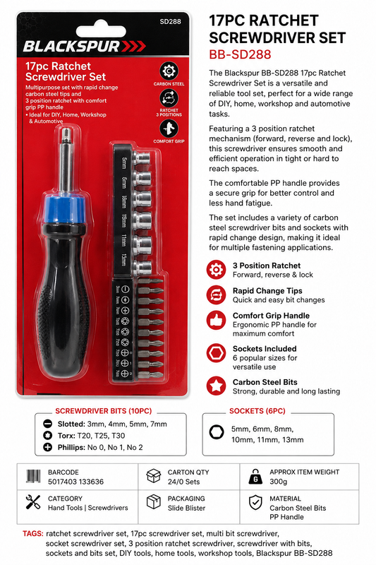 Blackspur 17PC Ratchet Screwdriver Set – Bits &amp; Sockets