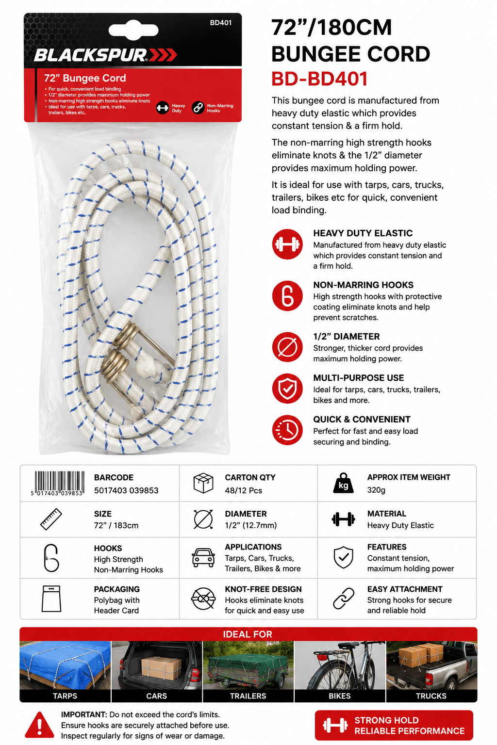 Blackspur 72"/183cm Bungee Cord – Heavy Duty Elastic Tie Down Cord