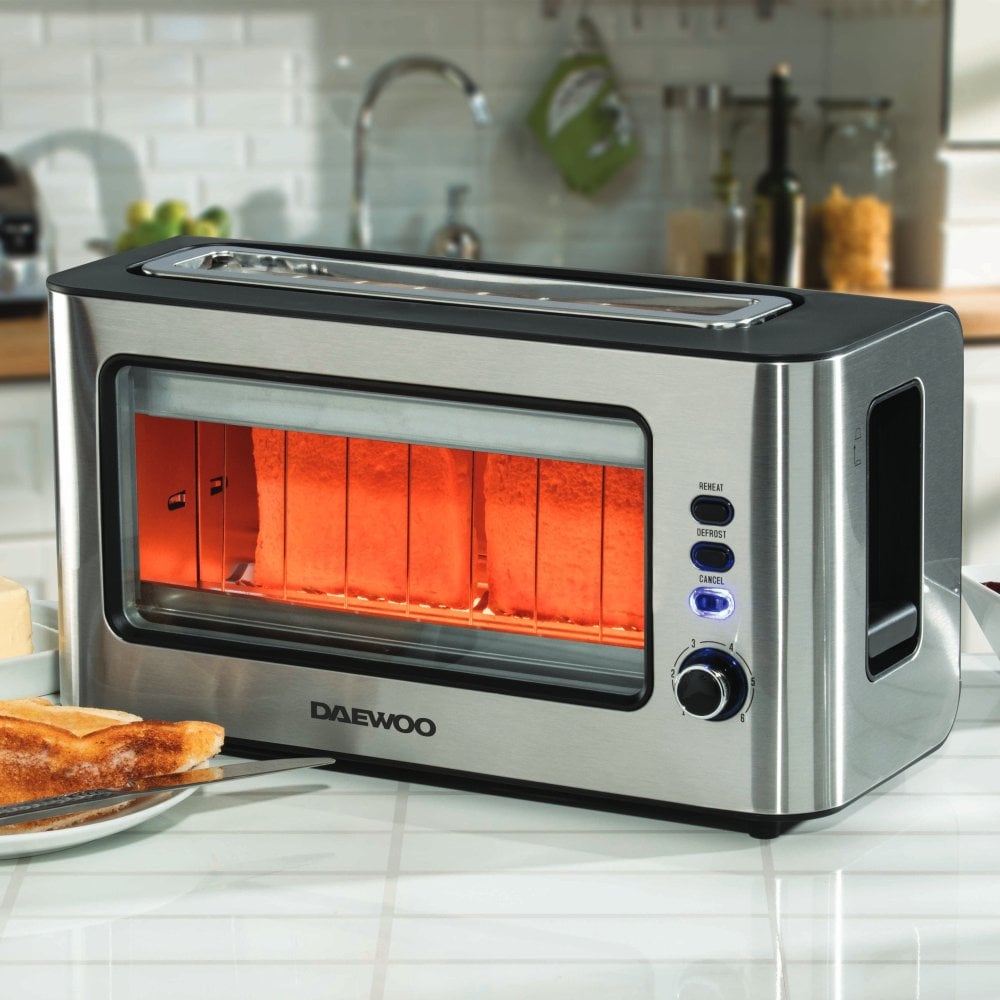 Daewoo 2 Slice Glass Toaster 900w Wide Slot Transparent Viewing