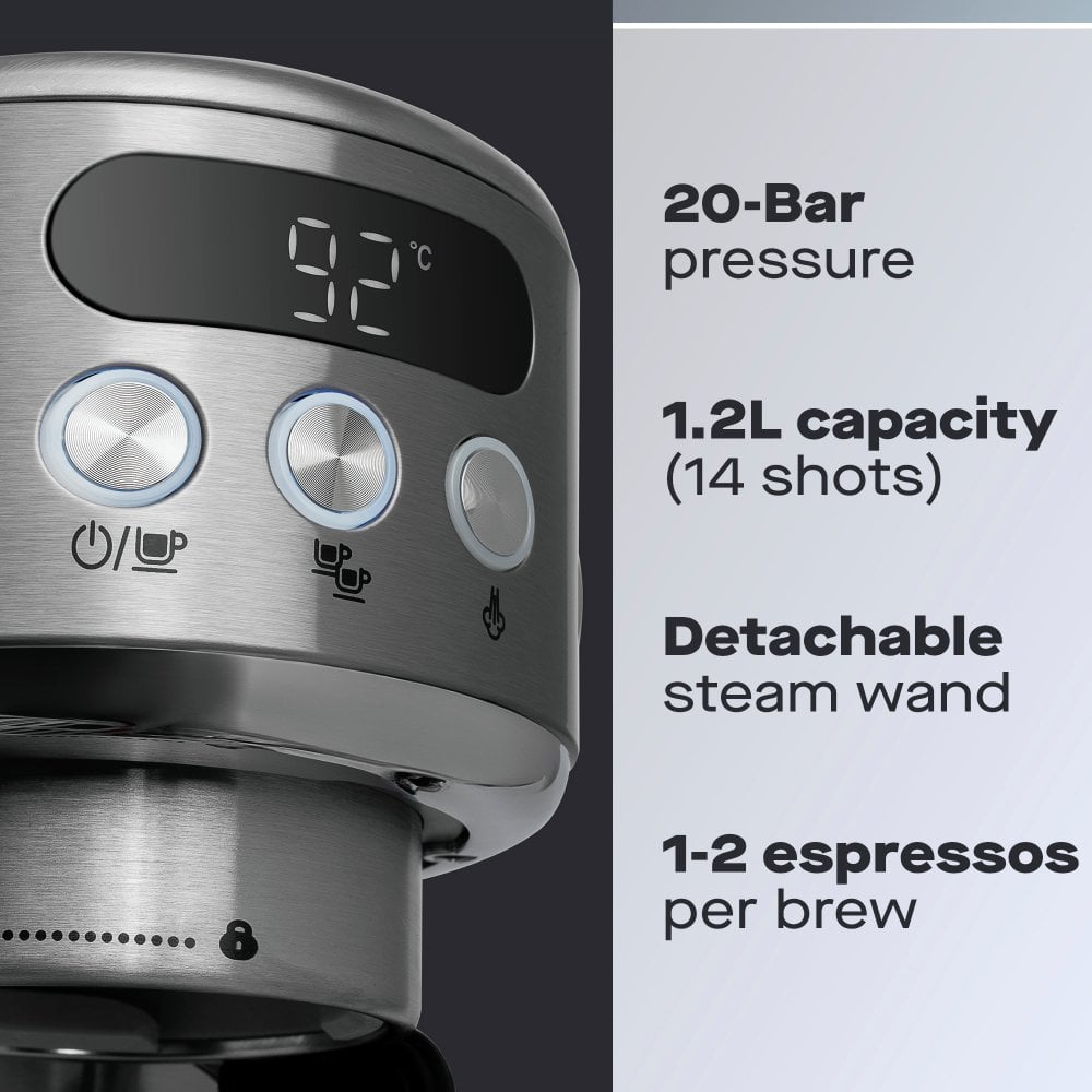Daewoo 20 Bar Digital Compact Espresso Coffee Maker – Sleek Design with Digital Display & Milk Frother