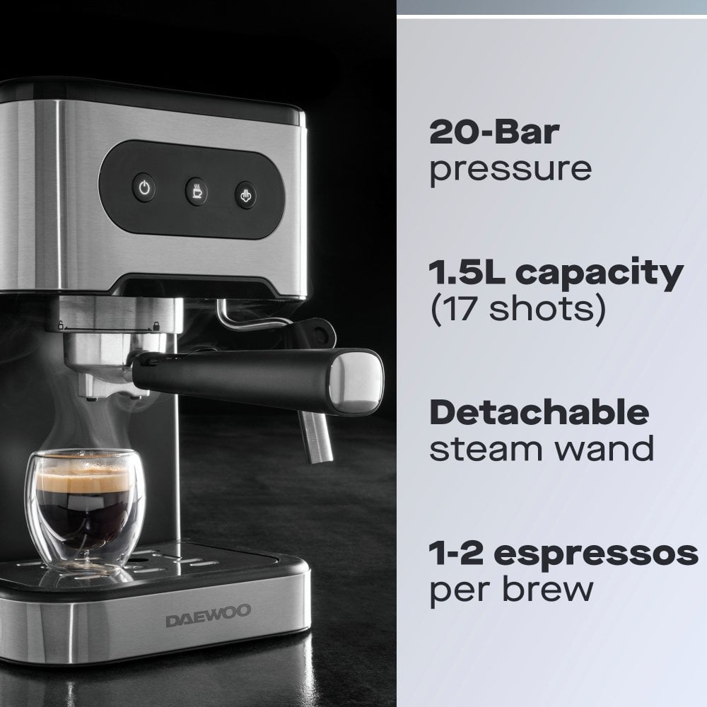 Daewoo 20 Bar Espresso Coffee Maker with Steam Wand – Professional Quality Brewing at Home