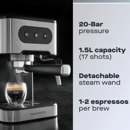 Daewoo 20 Bar Espresso Coffee Maker with Steam Wand – Professional Quality Brewing at Home