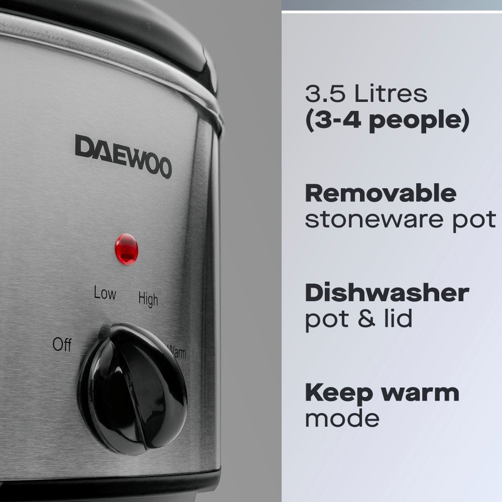 Daewoo 3.5L Stainless Steel Slow Cooker – Compact & Efficient