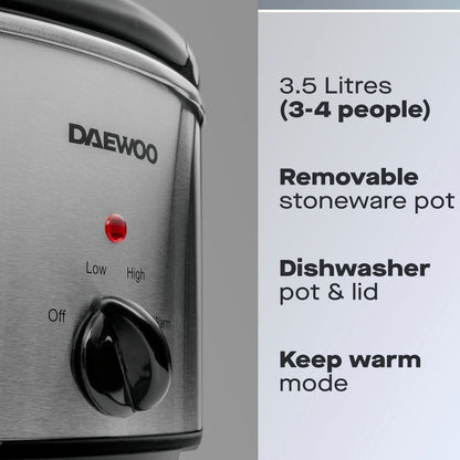 Daewoo 3.5L Stainless Steel Slow Cooker – Compact & Efficient