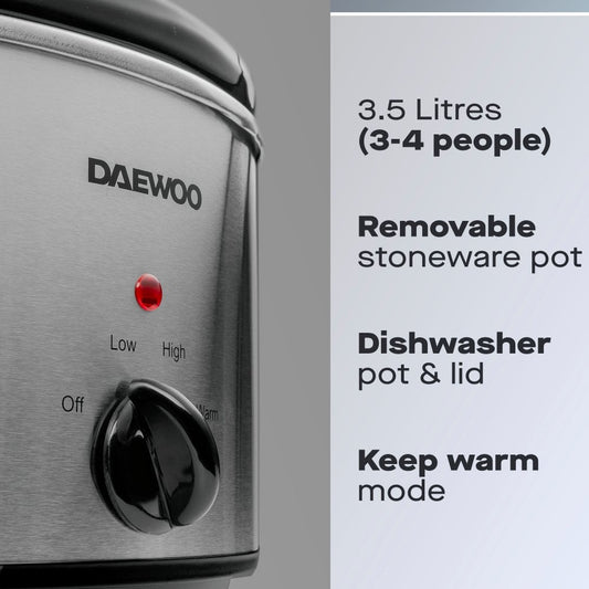 Daewoo 3.5L Stainless Steel Slow Cooker – Compact & Efficient
