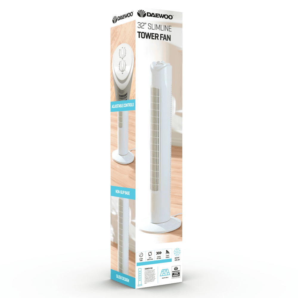 Daewoo 32 Slimline Oscillating Tower Fan with Timer, 3 Speed Settings