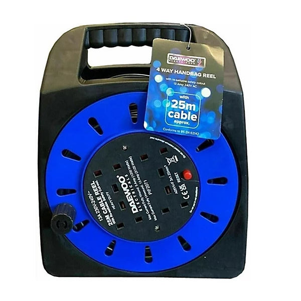 Daewoo 4 Way Socket Outlet 25m Electrical Extension Reel Cable Lead Freestanding Heavy Duty