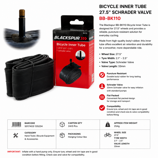 Blackspur Bicycle Inner Tube 27.5" x 2.1"-2.5" Schrader Valve
