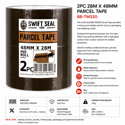 Swift Seal 2PC Parcel Tape 28m x 48mm – Brown Packaging Tape