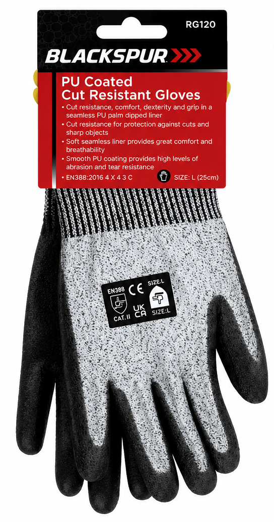 Blackspur PU Coated Cut Resistant Gloves Large – EN388:2016 4X43C
