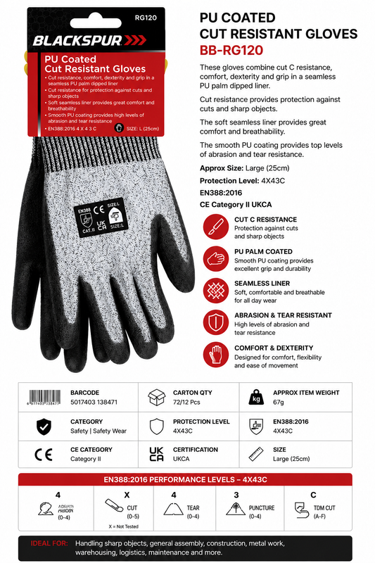 Blackspur PU Coated Cut Resistant Gloves Large – EN388:2016 4X43C