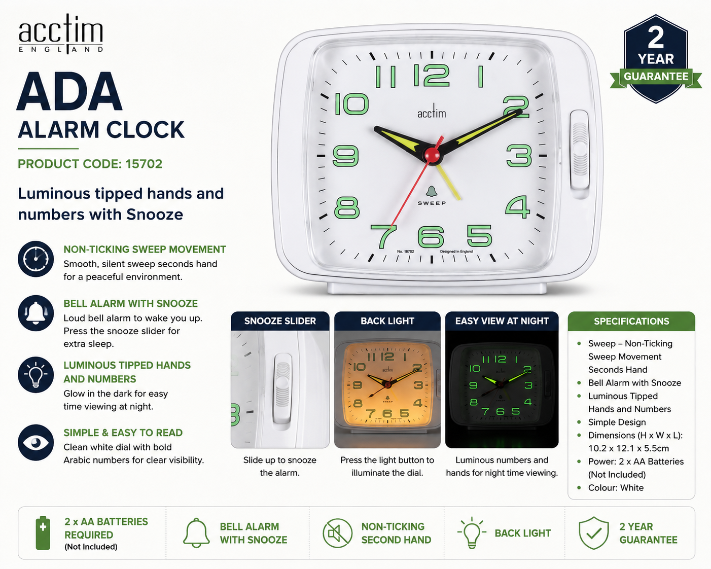 Acctim Ada Alarm Clock White 15702 – Non-Ticking Bell Alarm with Snooze &amp; Luminous Display