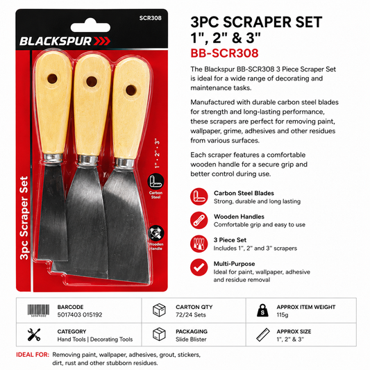 Blackspur 3PC Scraper Set 1", 2" & 3" – Carbon Steel Decorating Scrapers