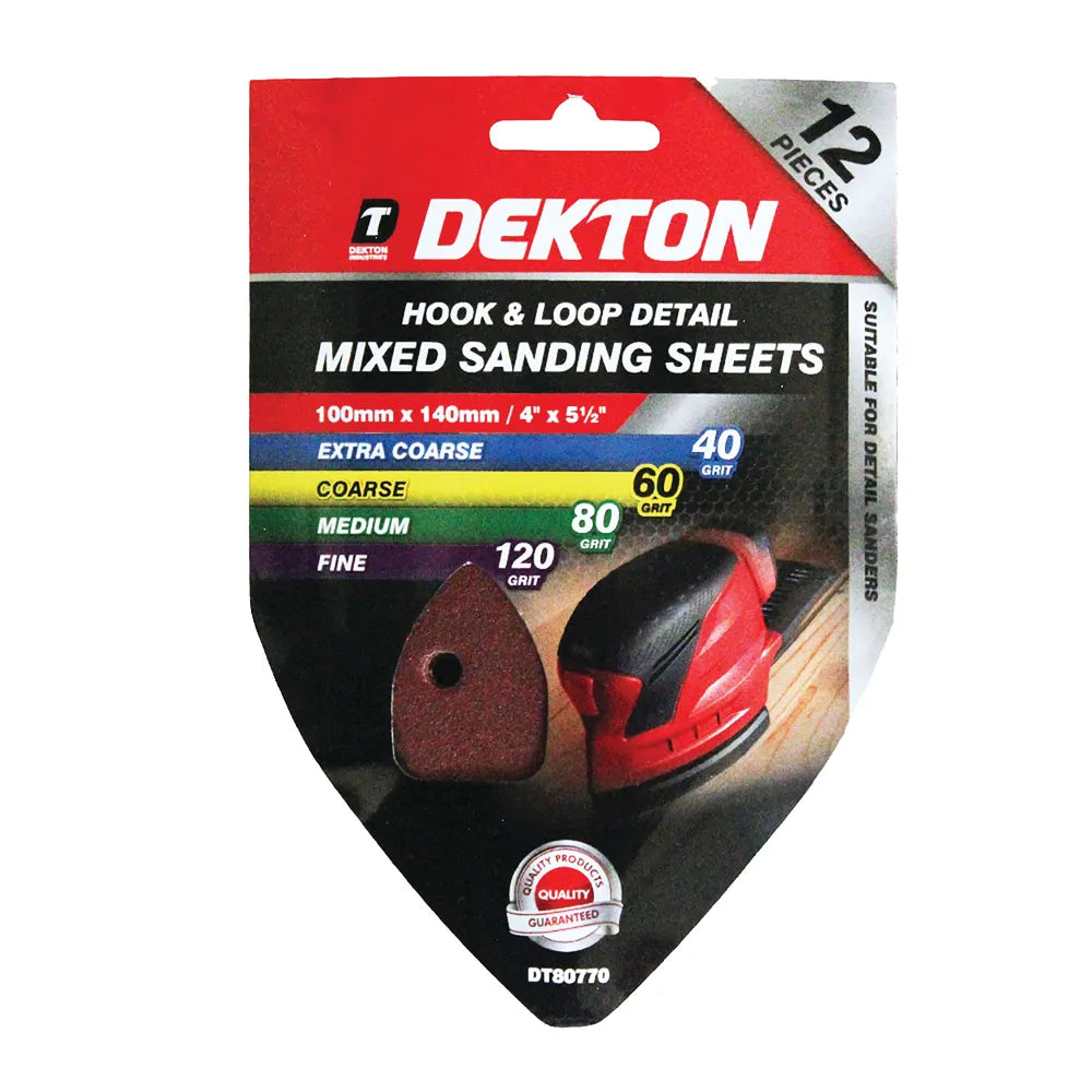 Dekton 12PC Hook & Loop Detail Sanding Sheets 100mm x 140mm – Assorted Abrasive Sheets