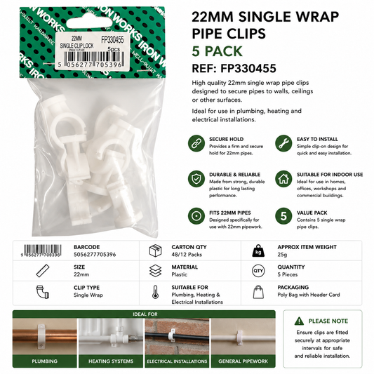 Iron Works 22mm Single Wrap Pipe Clips 5 Pack – Plastic Pipe Fixing Clips FP390455