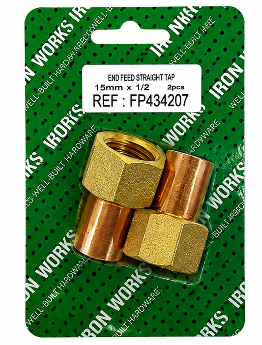 Iron Works 15mm x 1/2" End Feed Straight Tap Connector 2 Pack FP434207