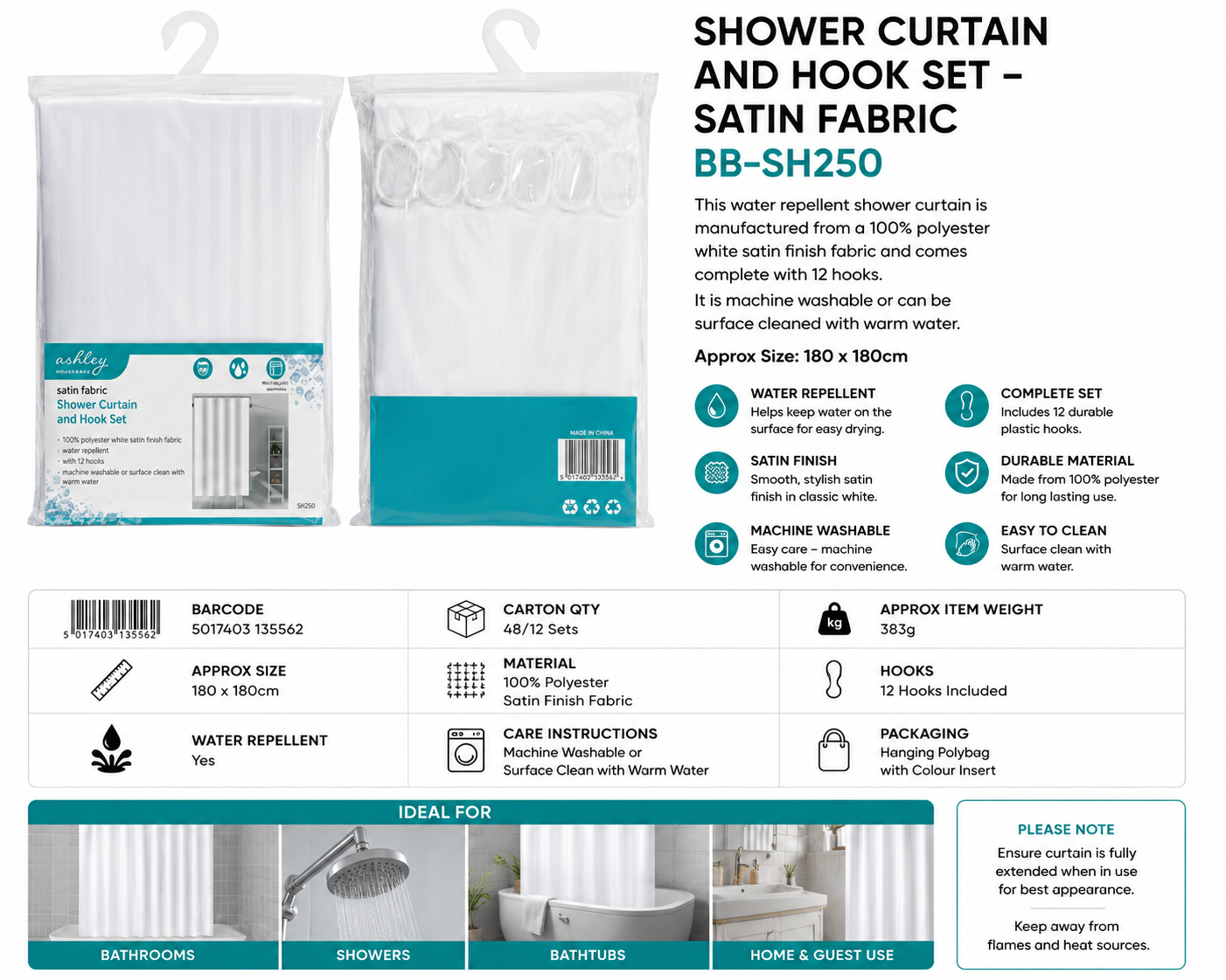 Ashley Satin Fabric Shower Curtain & Hook Set 180 x 180cm